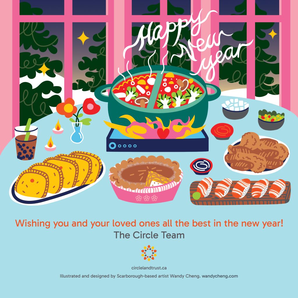 An illustration of a feast on a table, including chinese hot pot, jamaican beef patties, sushi rolls, fried chicken, and a pie